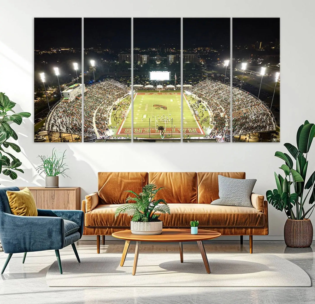 A museum-quality canvas depicting an aerial view of Tallahassee's Bragg Memorial Stadium, home of the Florida A&M Rattlers, brightly lit at night.