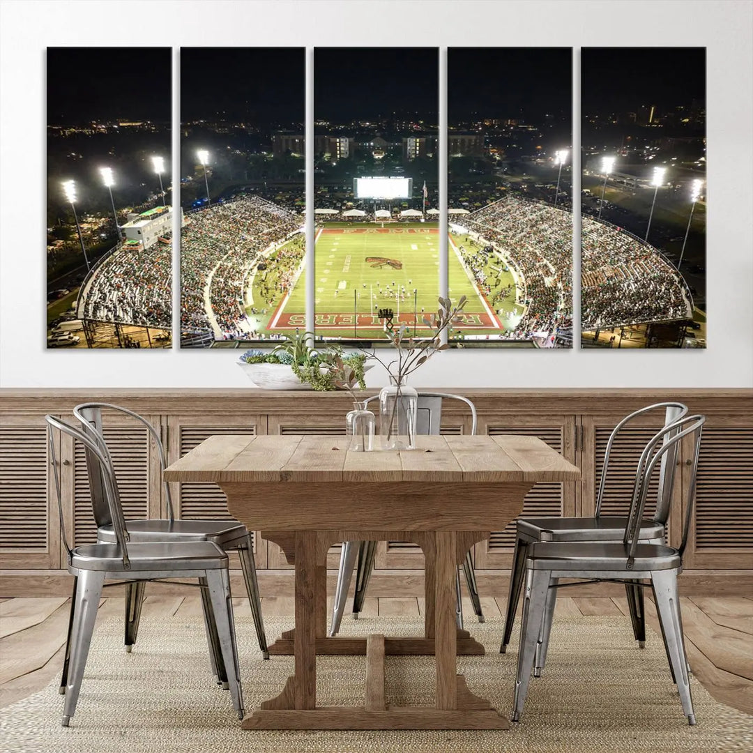 A museum-quality canvas depicting an aerial view of Tallahassee's Bragg Memorial Stadium, home of the Florida A&M Rattlers, brightly lit at night.