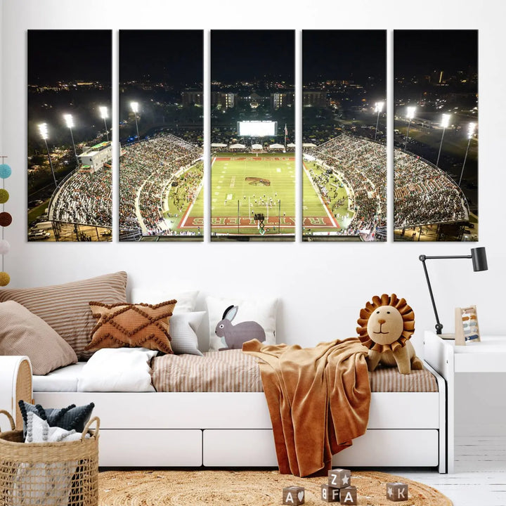 A museum-quality canvas depicting an aerial view of Tallahassee's Bragg Memorial Stadium, home of the Florida A&M Rattlers, brightly lit at night.