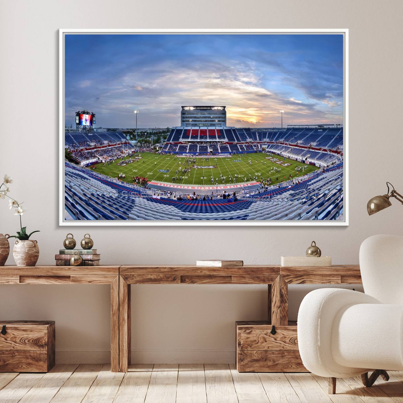 69559-MGV-FC-36X24_White-Florida Atlantic University Owls Football Team Print - Boca Raton FAU Stadium Wall Art Canvas Print