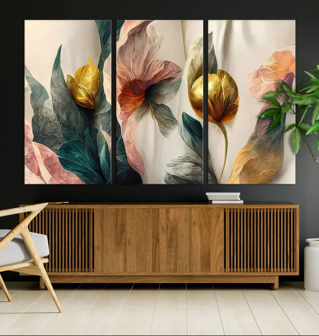 A triptych of the Flower Abstract Wall Art Canvas Prints, rendered in gold and pastel hues, features high-resolution printing and a UV-protective coating for enduring elegance.