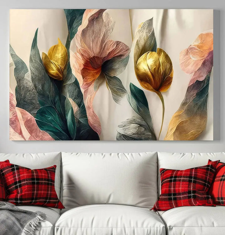 A triptych of the Flower Abstract Wall Art Canvas Prints, rendered in gold and pastel hues, features high-resolution printing and a UV-protective coating for enduring elegance.