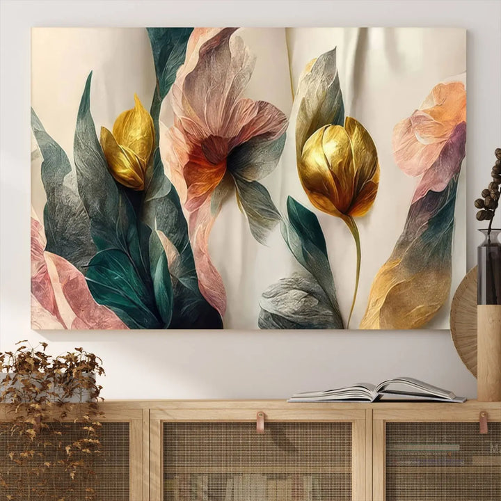 A triptych of the Flower Abstract Wall Art Canvas Prints, rendered in gold and pastel hues, features high-resolution printing and a UV-protective coating for enduring elegance.