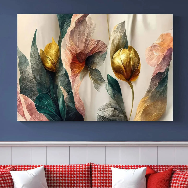 A triptych of the Flower Abstract Wall Art Canvas Prints, rendered in gold and pastel hues, features high-resolution printing and a UV-protective coating for enduring elegance.