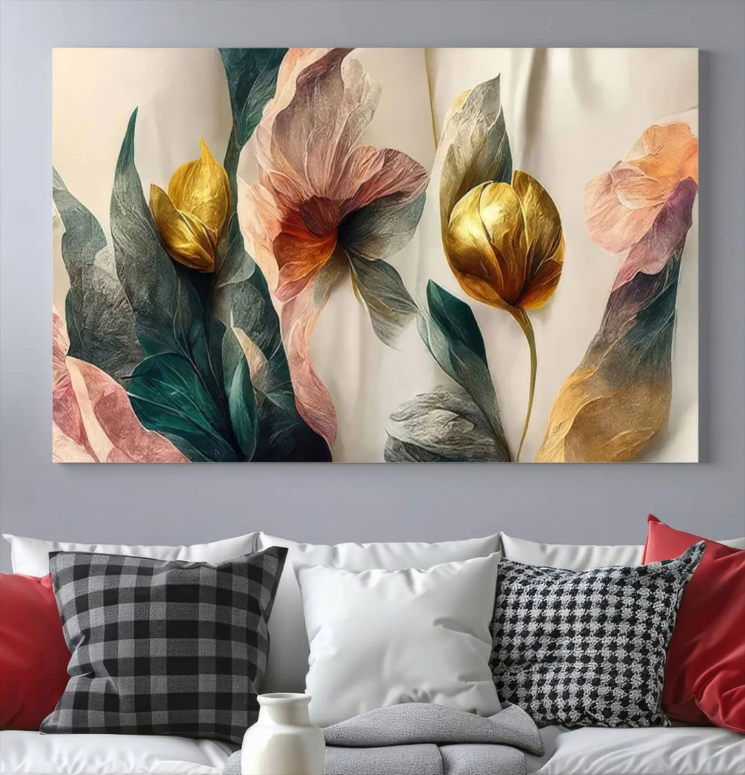 A triptych of the Flower Abstract Wall Art Canvas Prints, rendered in gold and pastel hues, features high-resolution printing and a UV-protective coating for enduring elegance.