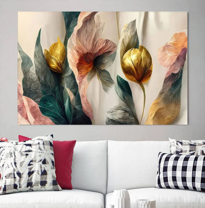 A triptych of the Flower Abstract Wall Art Canvas Prints, rendered in gold and pastel hues, features high-resolution printing and a UV-protective coating for enduring elegance.