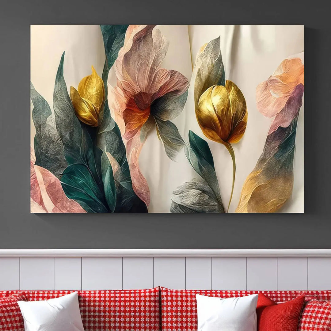 A triptych of the Flower Abstract Wall Art Canvas Prints, rendered in gold and pastel hues, features high-resolution printing and a UV-protective coating for enduring elegance.