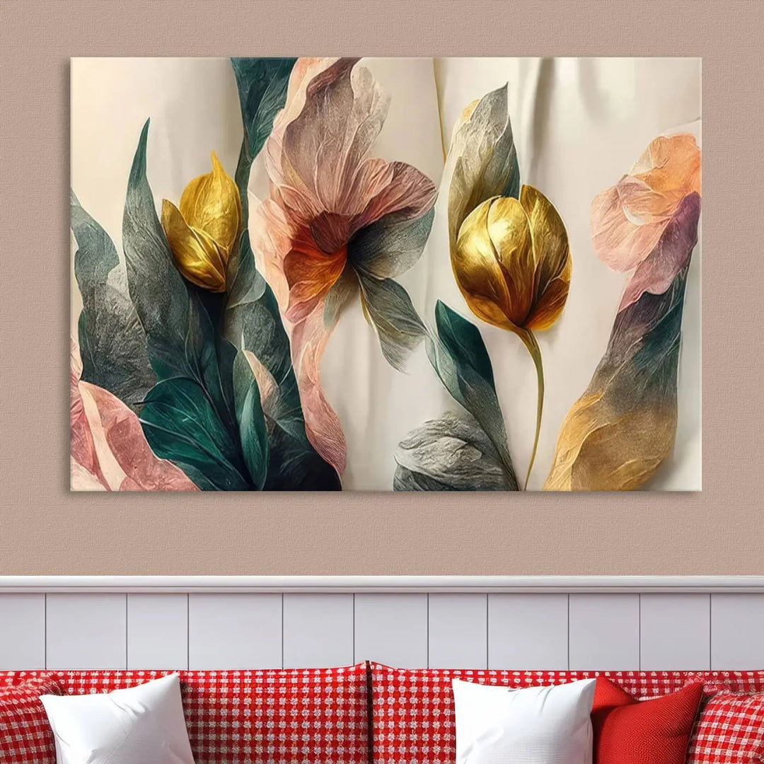 A triptych of the Flower Abstract Wall Art Canvas Prints, rendered in gold and pastel hues, features high-resolution printing and a UV-protective coating for enduring elegance.