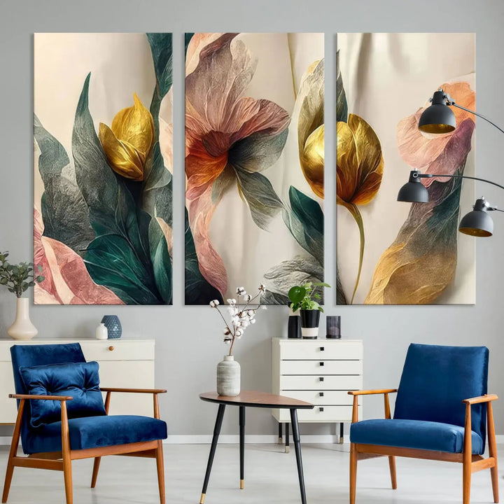 A triptych of the Flower Abstract Wall Art Canvas Prints, rendered in gold and pastel hues, features high-resolution printing and a UV-protective coating for enduring elegance.