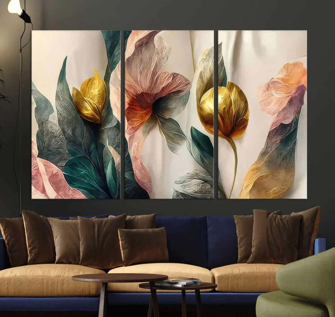 A triptych of the Flower Abstract Wall Art Canvas Prints, rendered in gold and pastel hues, features high-resolution printing and a UV-protective coating for enduring elegance.