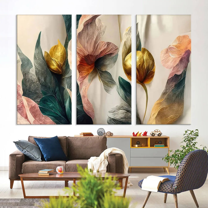 A triptych of the Flower Abstract Wall Art Canvas Prints, rendered in gold and pastel hues, features high-resolution printing and a UV-protective coating for enduring elegance.