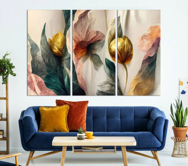 A triptych of the Flower Abstract Wall Art Canvas Prints, rendered in gold and pastel hues, features high-resolution printing and a UV-protective coating for enduring elegance.