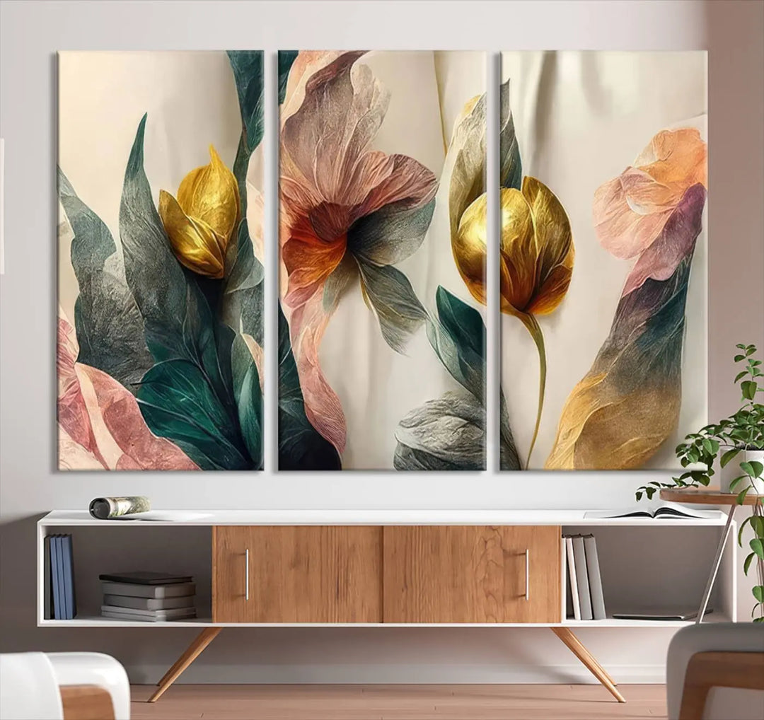 A triptych of the Flower Abstract Wall Art Canvas Prints, rendered in gold and pastel hues, features high-resolution printing and a UV-protective coating for enduring elegance.