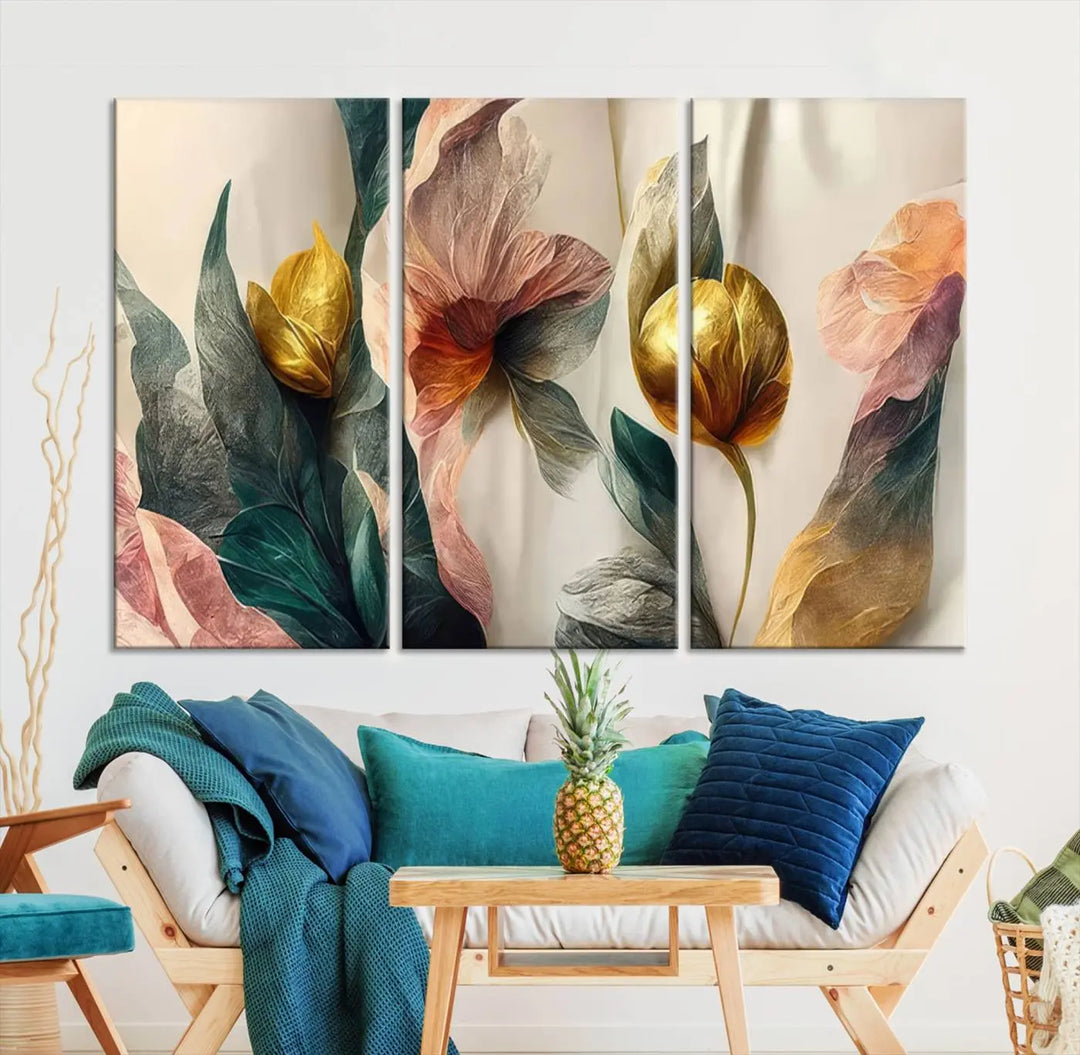 A triptych of the Flower Abstract Wall Art Canvas Prints, rendered in gold and pastel hues, features high-resolution printing and a UV-protective coating for enduring elegance.