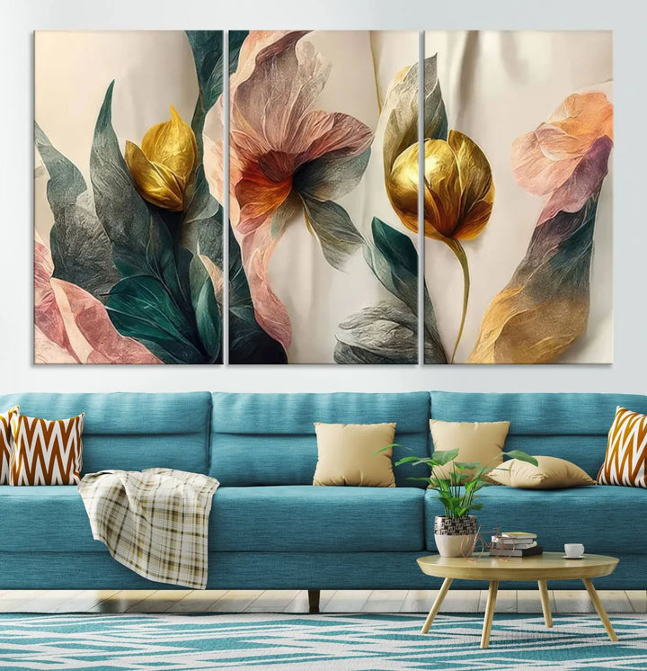 A triptych of the Flower Abstract Wall Art Canvas Prints, rendered in gold and pastel hues, features high-resolution printing and a UV-protective coating for enduring elegance.