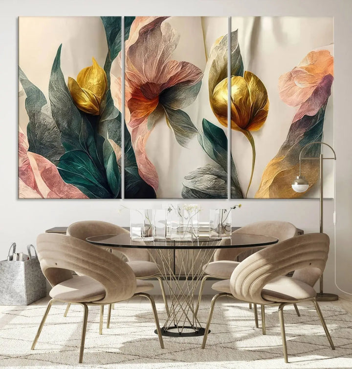 A triptych of the Flower Abstract Wall Art Canvas Prints, rendered in gold and pastel hues, features high-resolution printing and a UV-protective coating for enduring elegance.