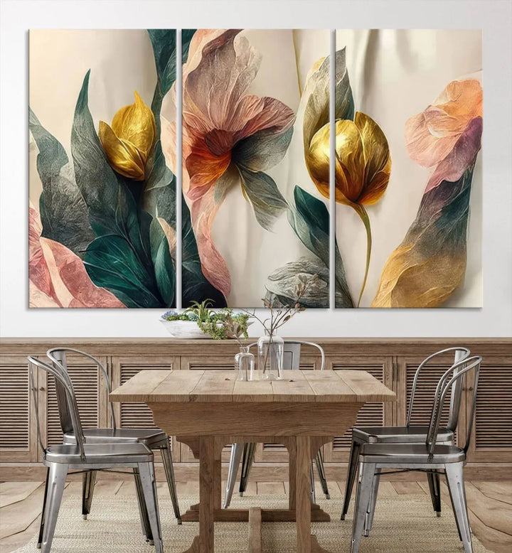 A triptych of the Flower Abstract Wall Art Canvas Prints, rendered in gold and pastel hues, features high-resolution printing and a UV-protective coating for enduring elegance.