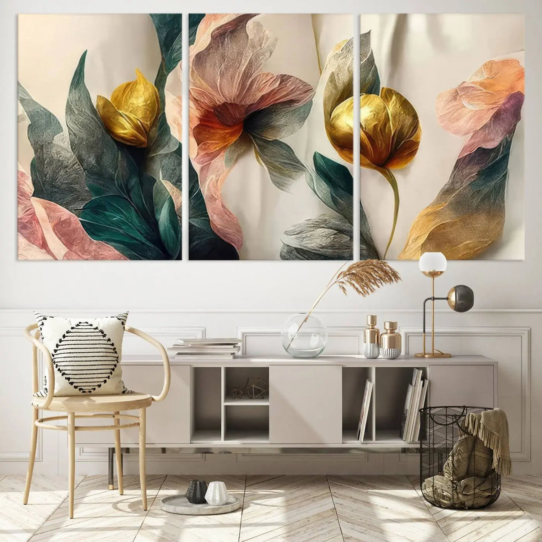 A triptych of the Flower Abstract Wall Art Canvas Prints, rendered in gold and pastel hues, features high-resolution printing and a UV-protective coating for enduring elegance.