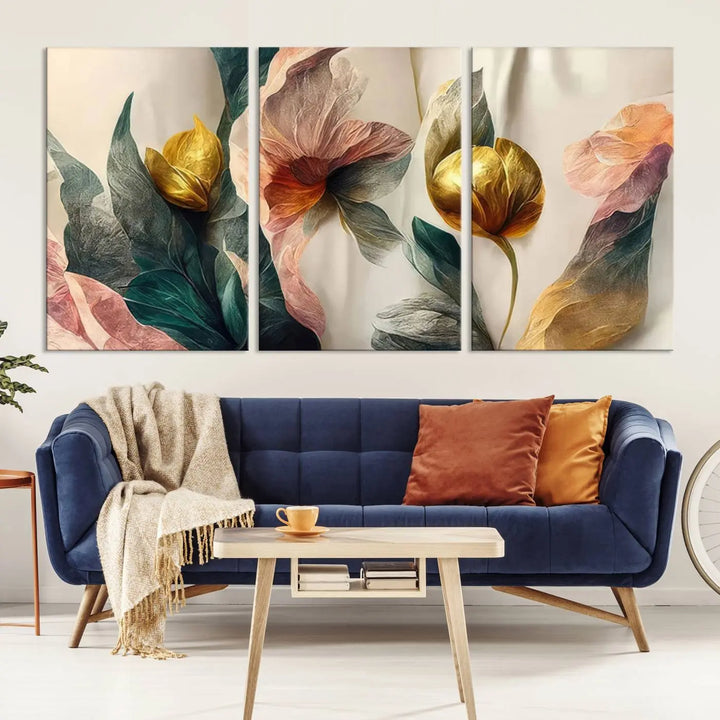 A triptych of the Flower Abstract Wall Art Canvas Prints, rendered in gold and pastel hues, features high-resolution printing and a UV-protective coating for enduring elegance.