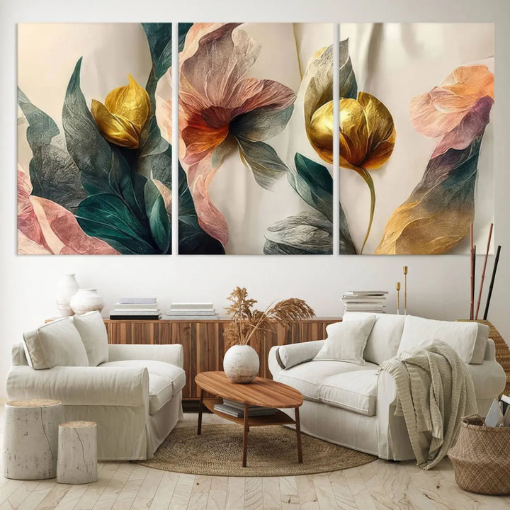 A triptych of the Flower Abstract Wall Art Canvas Prints, rendered in gold and pastel hues, features high-resolution printing and a UV-protective coating for enduring elegance.