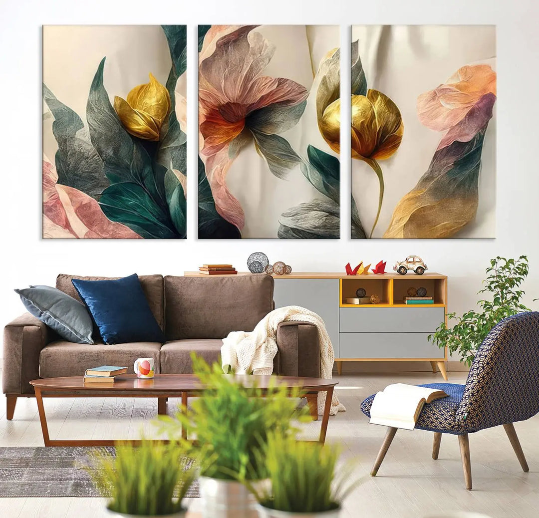 A triptych of the Flower Abstract Wall Art Canvas Prints, rendered in gold and pastel hues, features high-resolution printing and a UV-protective coating for enduring elegance.