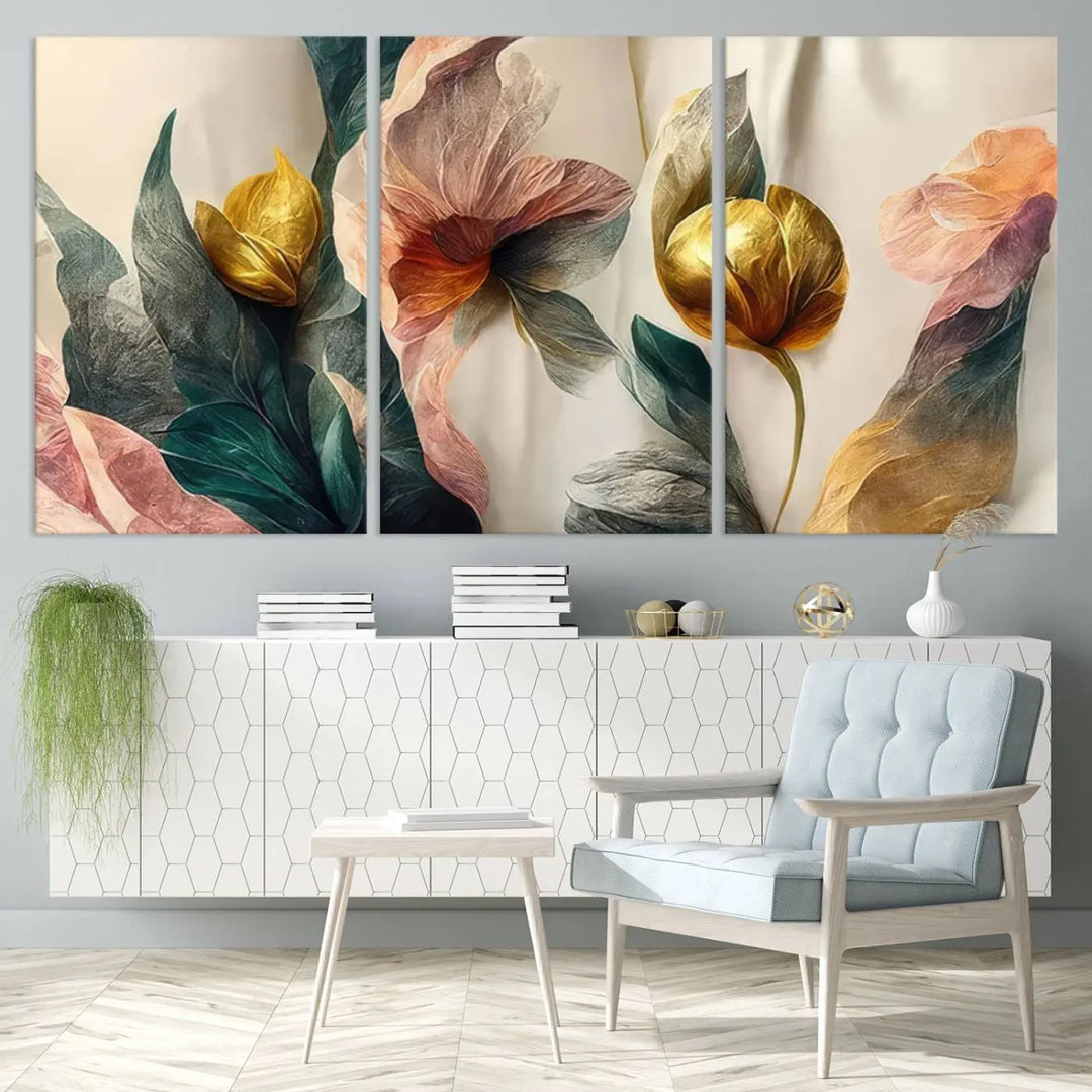 A triptych of the Flower Abstract Wall Art Canvas Prints, rendered in gold and pastel hues, features high-resolution printing and a UV-protective coating for enduring elegance.