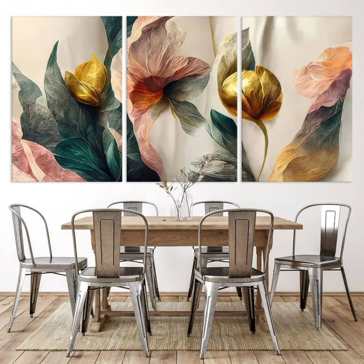 A triptych of the Flower Abstract Wall Art Canvas Prints, rendered in gold and pastel hues, features high-resolution printing and a UV-protective coating for enduring elegance.