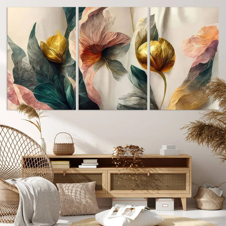 A triptych of the Flower Abstract Wall Art Canvas Prints, rendered in gold and pastel hues, features high-resolution printing and a UV-protective coating for enduring elegance.