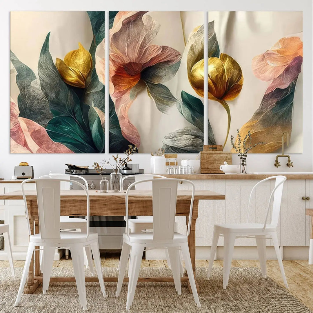 A triptych of the Flower Abstract Wall Art Canvas Prints, rendered in gold and pastel hues, features high-resolution printing and a UV-protective coating for enduring elegance.