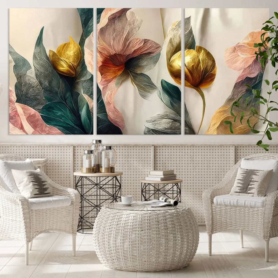 A triptych of the Flower Abstract Wall Art Canvas Prints, rendered in gold and pastel hues, features high-resolution printing and a UV-protective coating for enduring elegance.