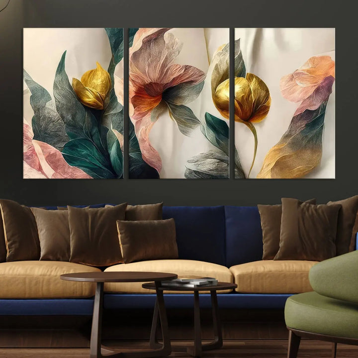 A triptych of the Flower Abstract Wall Art Canvas Prints, rendered in gold and pastel hues, features high-resolution printing and a UV-protective coating for enduring elegance.