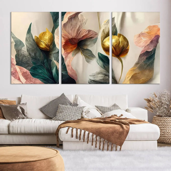 A triptych of the Flower Abstract Wall Art Canvas Prints, rendered in gold and pastel hues, features high-resolution printing and a UV-protective coating for enduring elegance.