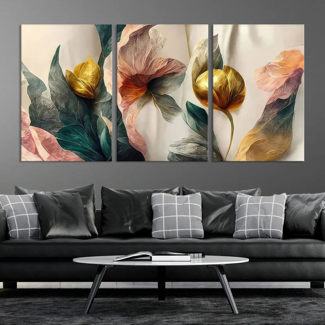 A triptych of the Flower Abstract Wall Art Canvas Prints, rendered in gold and pastel hues, features high-resolution printing and a UV-protective coating for enduring elegance.