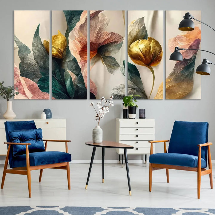 A triptych of the Flower Abstract Wall Art Canvas Prints, rendered in gold and pastel hues, features high-resolution printing and a UV-protective coating for enduring elegance.