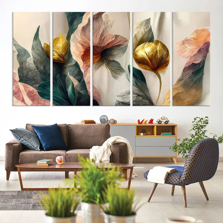 A triptych of the Flower Abstract Wall Art Canvas Prints, rendered in gold and pastel hues, features high-resolution printing and a UV-protective coating for enduring elegance.