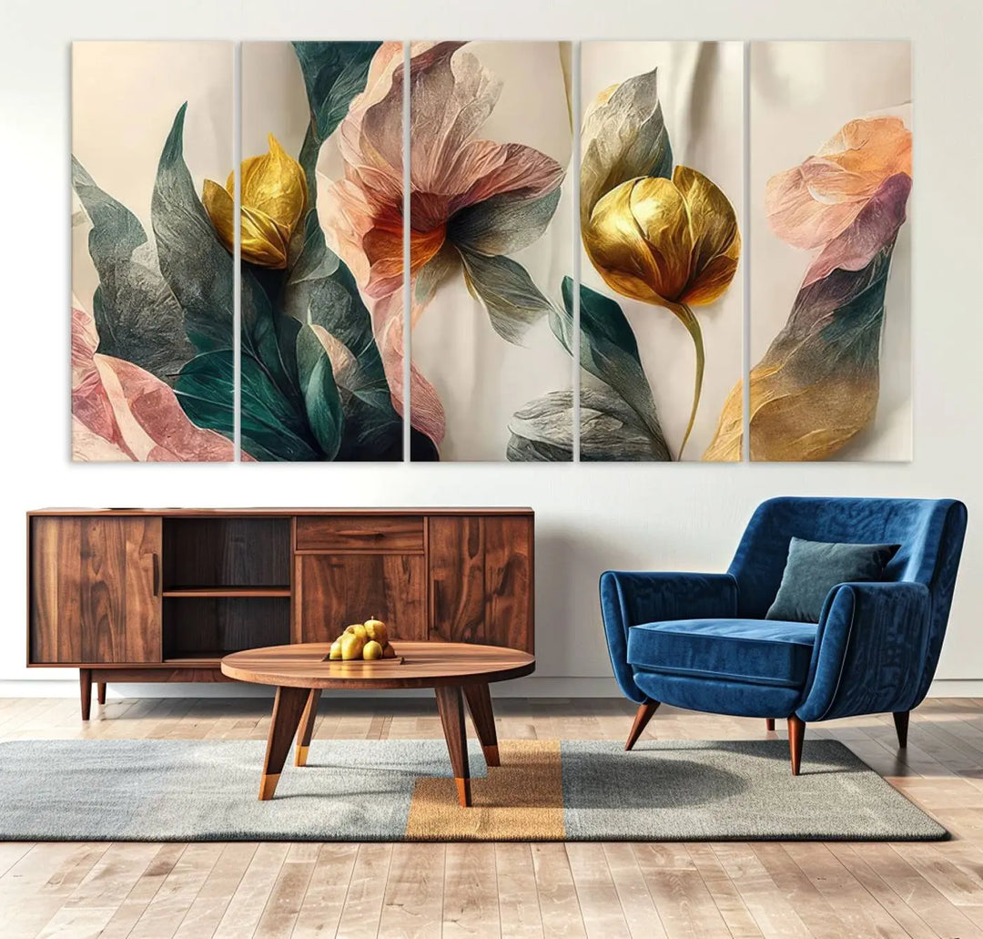 A triptych of the Flower Abstract Wall Art Canvas Prints, rendered in gold and pastel hues, features high-resolution printing and a UV-protective coating for enduring elegance.