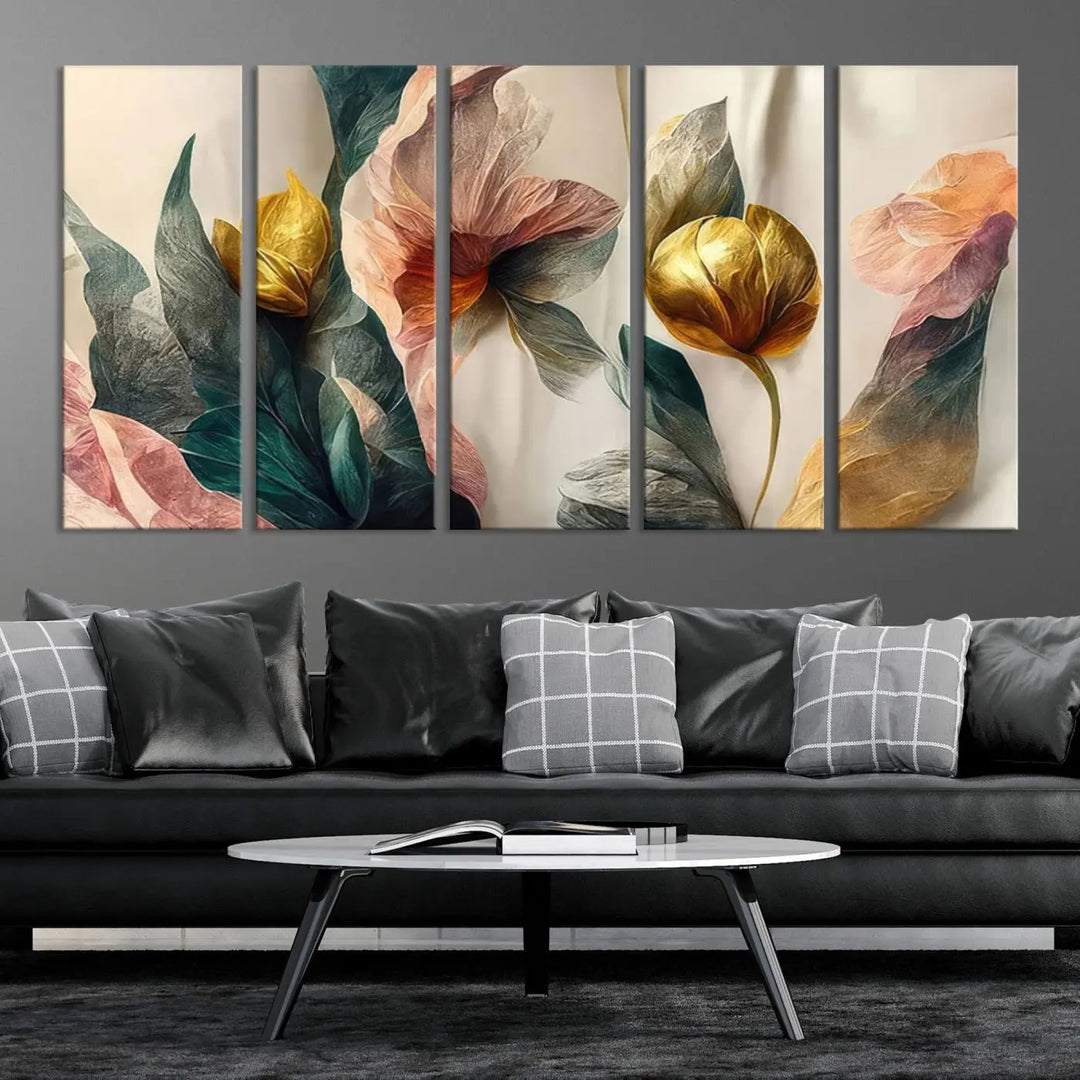 A triptych of the Flower Abstract Wall Art Canvas Prints, rendered in gold and pastel hues, features high-resolution printing and a UV-protective coating for enduring elegance.