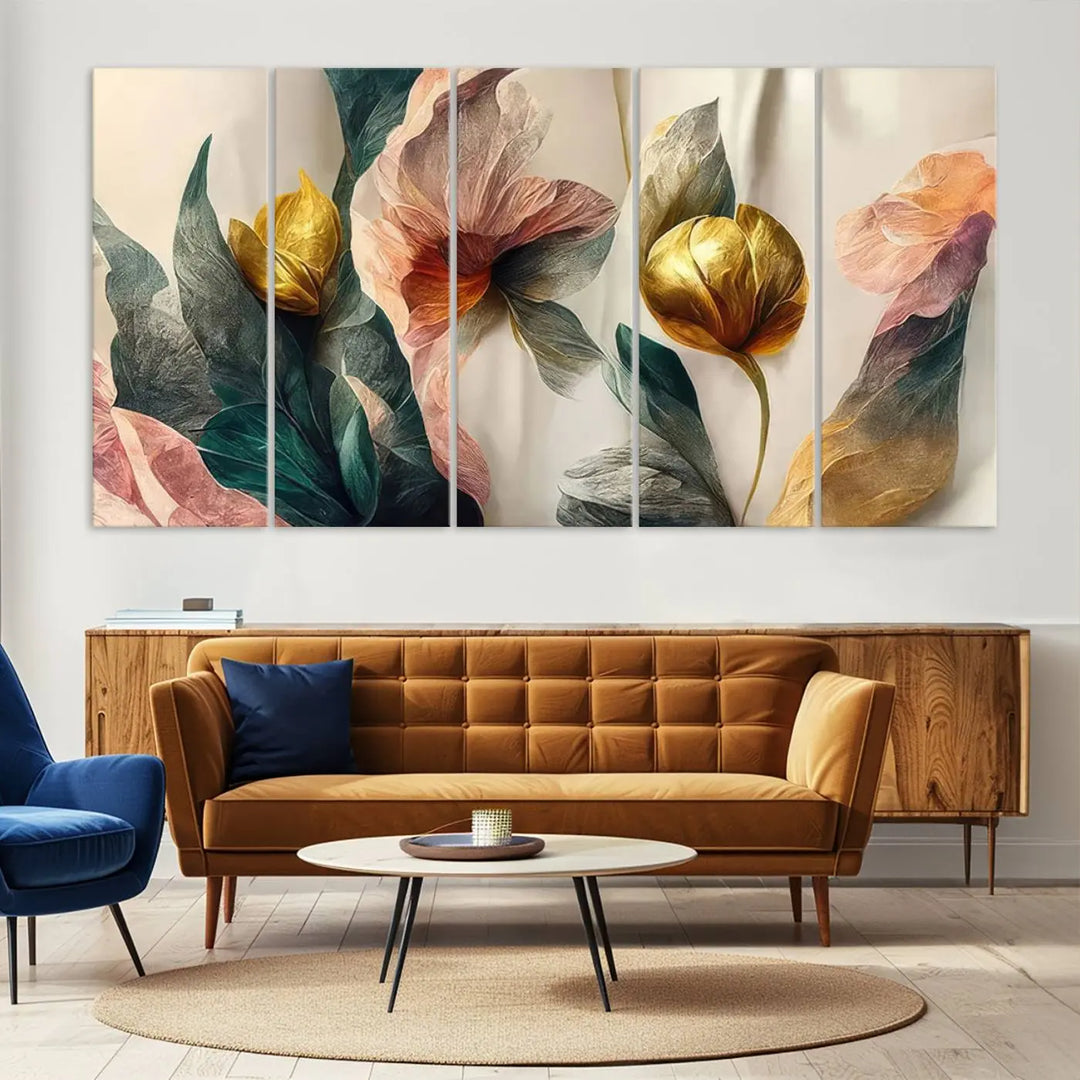 A triptych of the Flower Abstract Wall Art Canvas Prints, rendered in gold and pastel hues, features high-resolution printing and a UV-protective coating for enduring elegance.