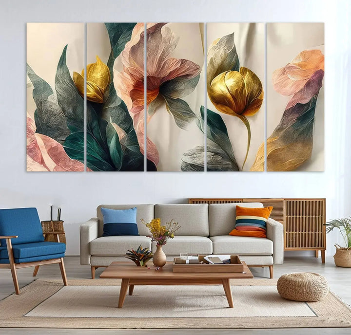 A triptych of the Flower Abstract Wall Art Canvas Prints, rendered in gold and pastel hues, features high-resolution printing and a UV-protective coating for enduring elegance.