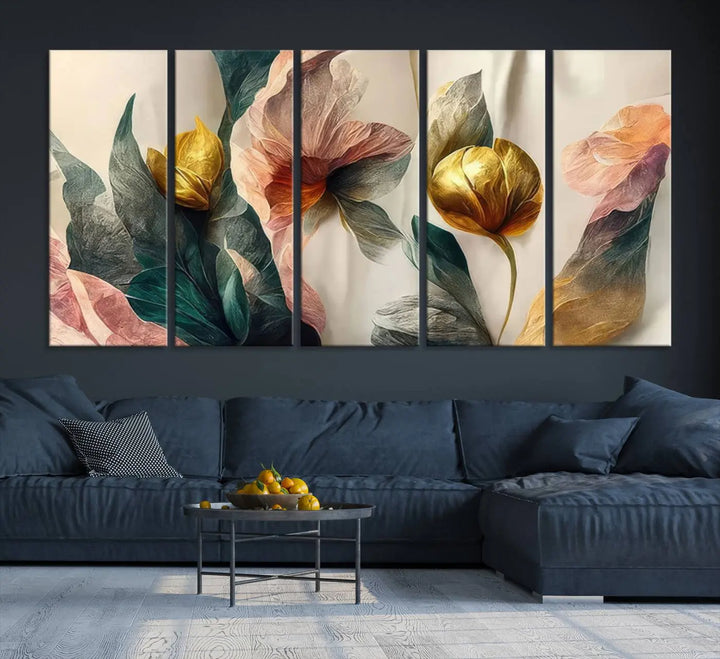 A triptych of the Flower Abstract Wall Art Canvas Prints, rendered in gold and pastel hues, features high-resolution printing and a UV-protective coating for enduring elegance.