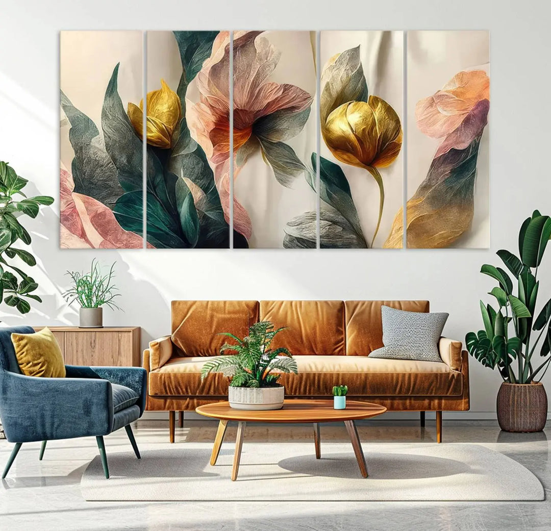 A triptych of the Flower Abstract Wall Art Canvas Prints, rendered in gold and pastel hues, features high-resolution printing and a UV-protective coating for enduring elegance.