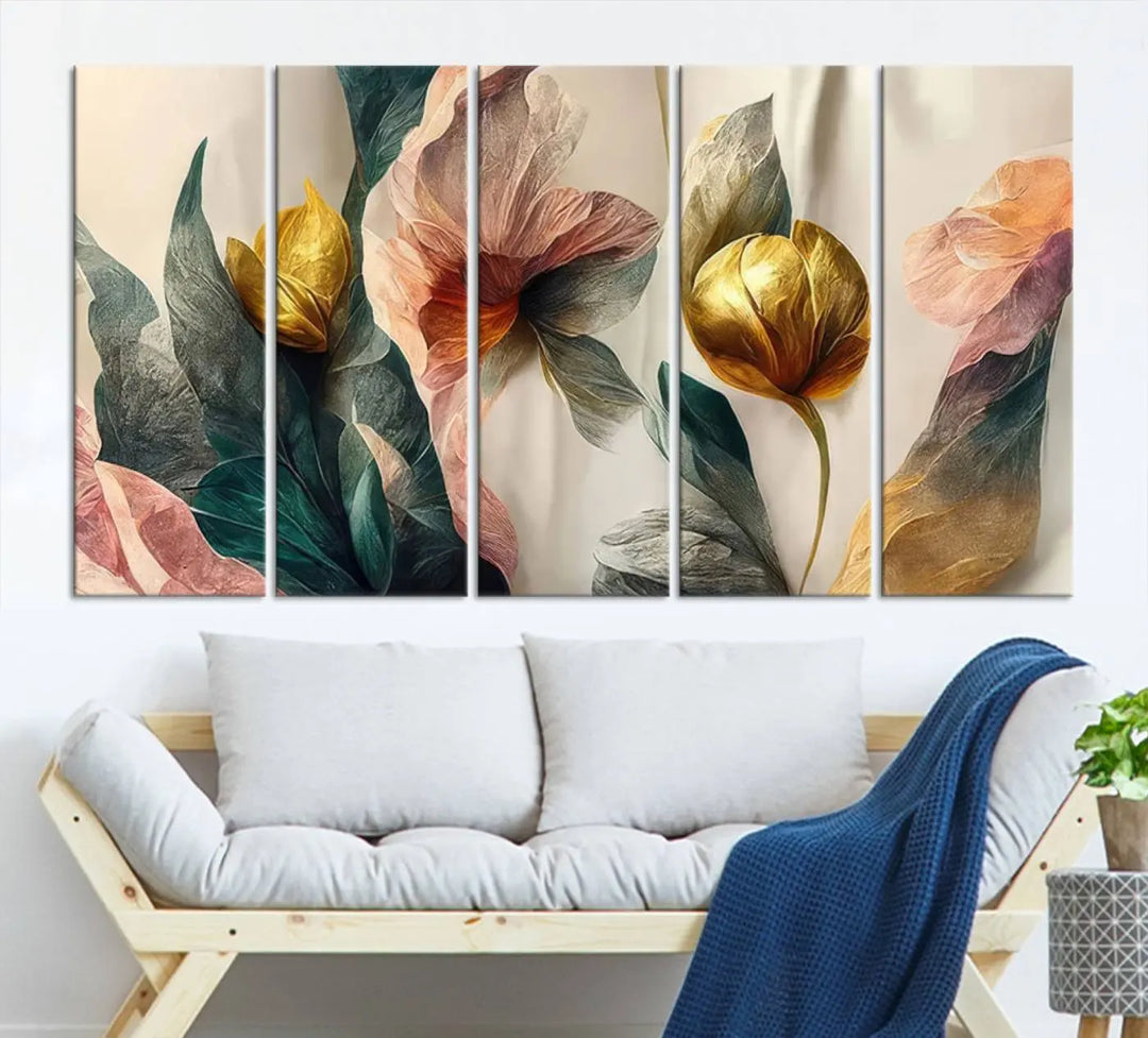 A triptych of the Flower Abstract Wall Art Canvas Prints, rendered in gold and pastel hues, features high-resolution printing and a UV-protective coating for enduring elegance.