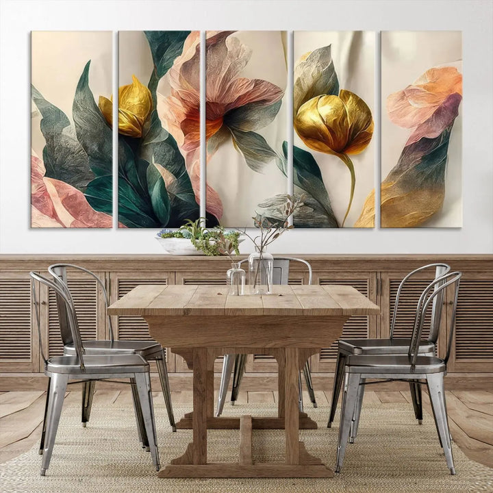 A triptych of the Flower Abstract Wall Art Canvas Prints, rendered in gold and pastel hues, features high-resolution printing and a UV-protective coating for enduring elegance.