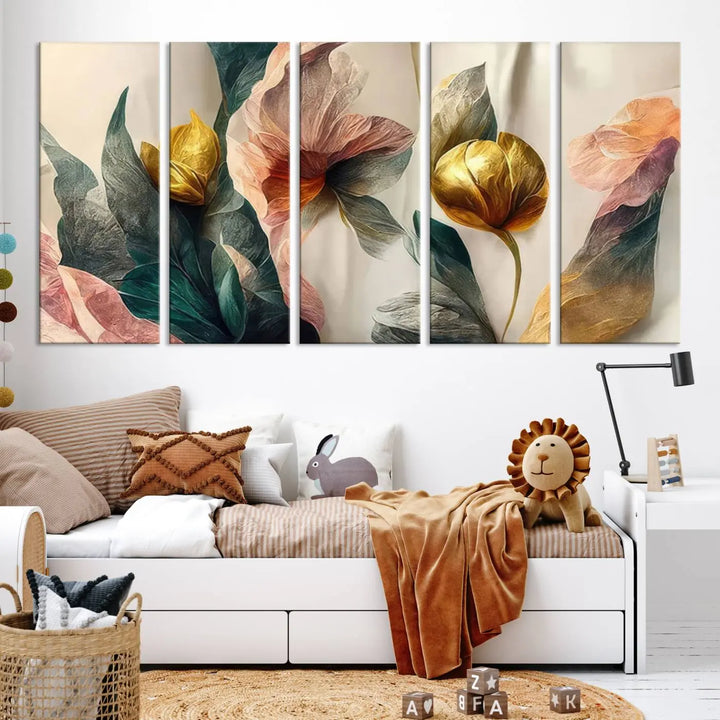 A triptych of the Flower Abstract Wall Art Canvas Prints, rendered in gold and pastel hues, features high-resolution printing and a UV-protective coating for enduring elegance.