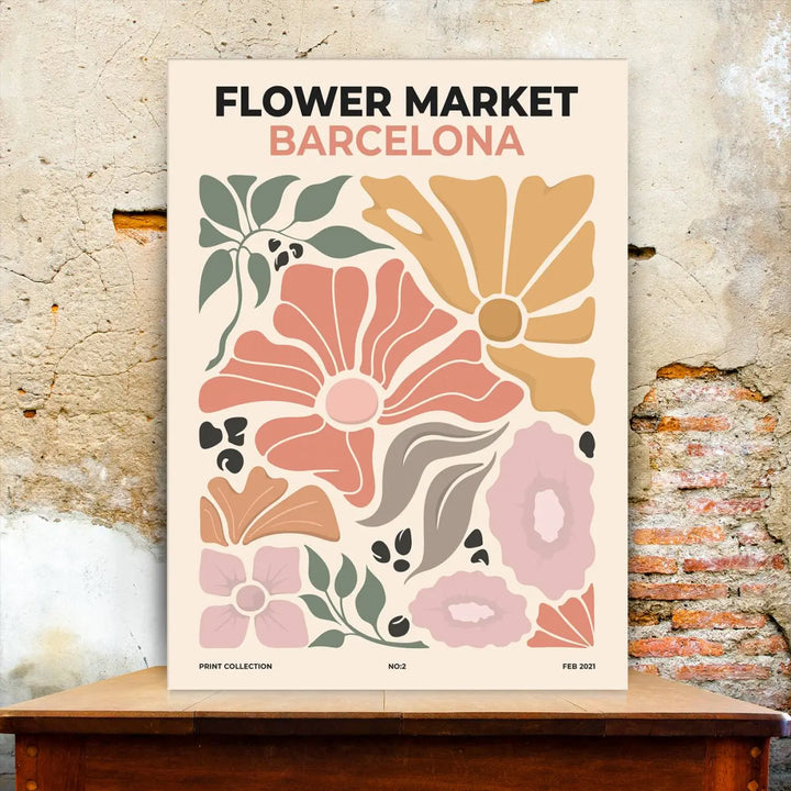 The Flower Market Barcelona Canvas Wall Art Print beautifully adorns a modern living room with a boho aesthetic, showcasing floral decor.