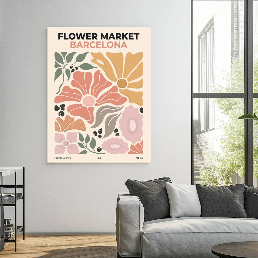 The Flower Market Barcelona Canvas Wall Art Print beautifully adorns a modern living room with a boho aesthetic, showcasing floral decor.