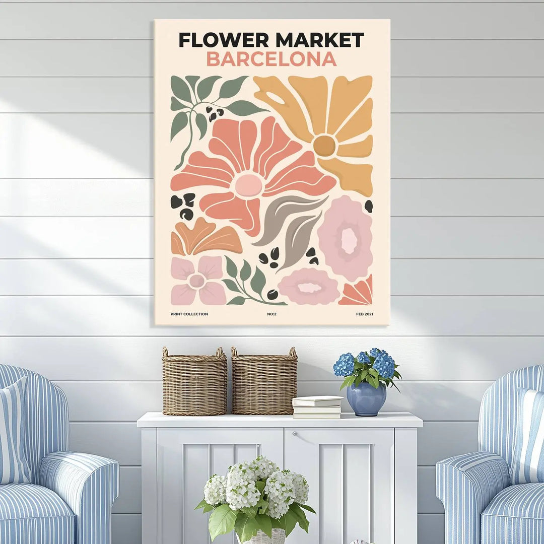 The Flower Market Barcelona Canvas Wall Art Print beautifully adorns a modern living room with a boho aesthetic, showcasing floral decor.