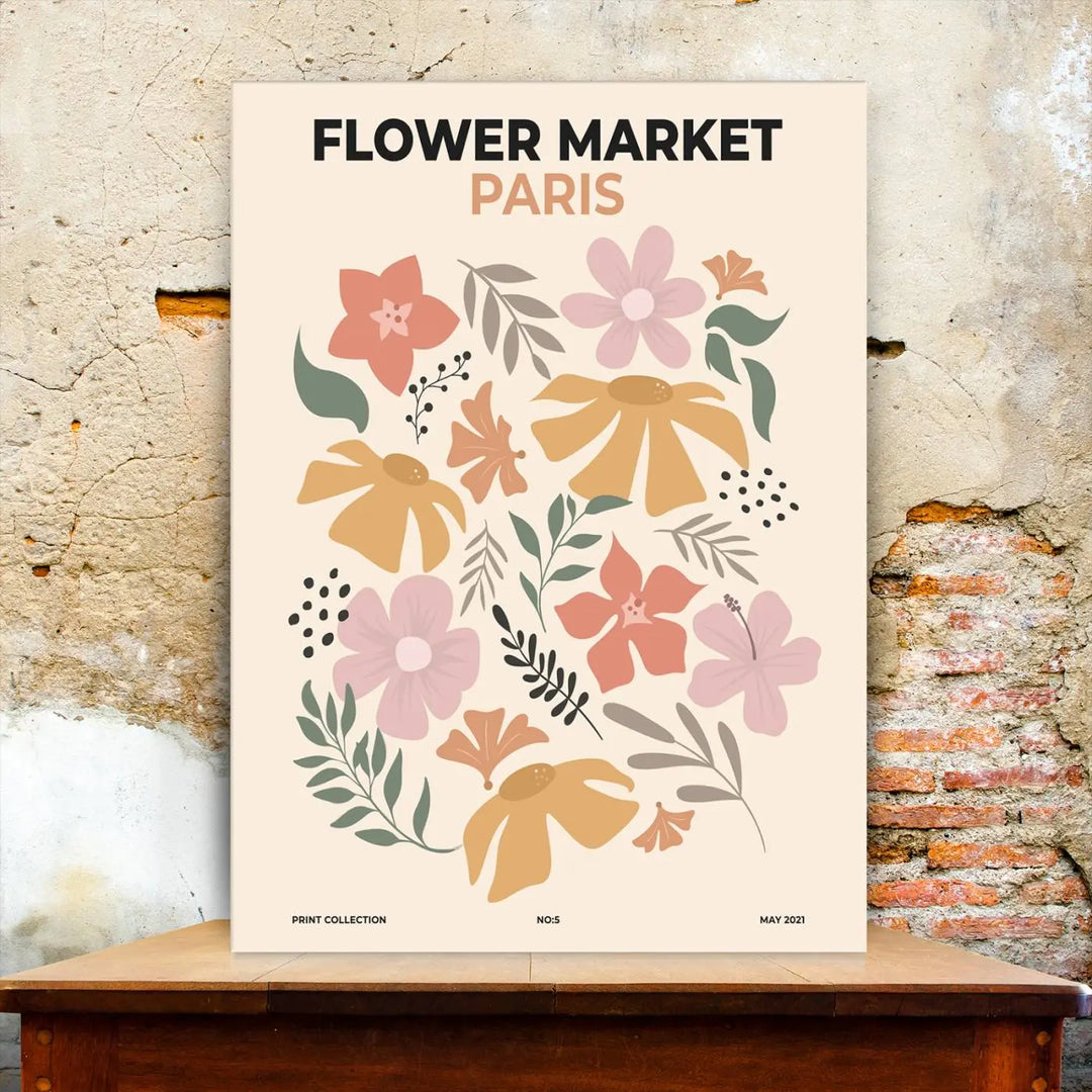 The Flower Market Paris Canvas Wall Art Print - Boho Aesthetic Floral Decor is a vibrant giclee print showcasing colorful flowers, infusing the room with a delightful bohemian charm.