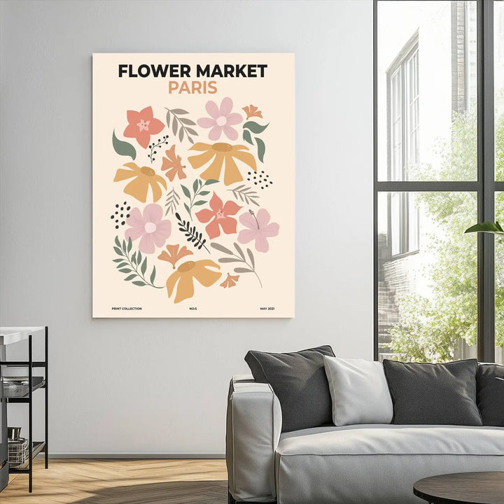 The Flower Market Paris Canvas Wall Art Print - Boho Aesthetic Floral Decor is a vibrant giclee print showcasing colorful flowers, infusing the room with a delightful bohemian charm.