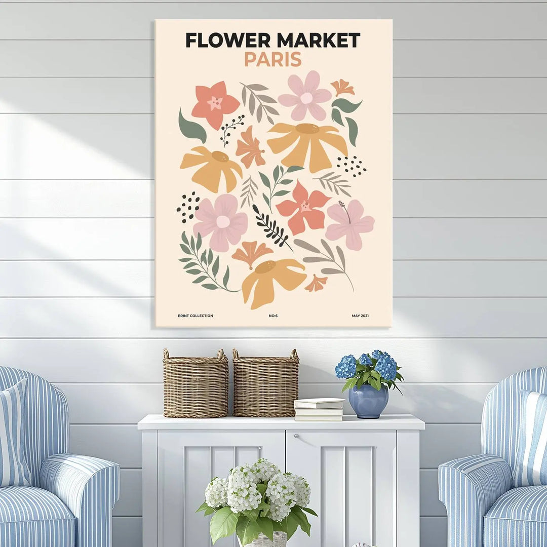 The Flower Market Paris Canvas Wall Art Print - Boho Aesthetic Floral Decor is a vibrant giclee print showcasing colorful flowers, infusing the room with a delightful bohemian charm.